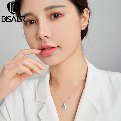 BISAER 100% 925 Sterling Silver Turtle Jewelry Set Necklace Earrings Plated Platinum For Women Beach Party Fine Jewelry Gift