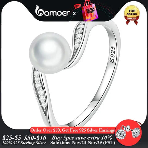 Bamoer 925 Sterling Silver Quality Shell Pearl Ring Geometric Ring Pave Setting CZ for Women Birthday Gift Fine Jewelry BSR304