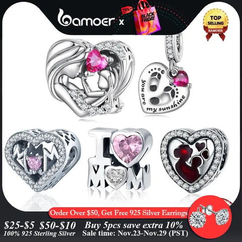 Bamoer 925 Sterling Silver Pink Zircon Mother-child Affinity Bead Charm for Women Bracelet Bangle DIY Mother's Day Gift BSC685