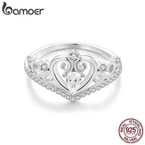 BAMOER 925 Sterling Silver Delicate Crown Ring Brilliant Zircon Heart Finger Ring for Women Girl Wedding Engagement Fine Jewelry
