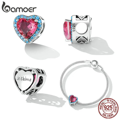 Bamoer 925 Sterling Silver Snake Pendant Charm Shiny Heart Beads fit Women Original Bracelet & Bangle DIY Fine Jewelry