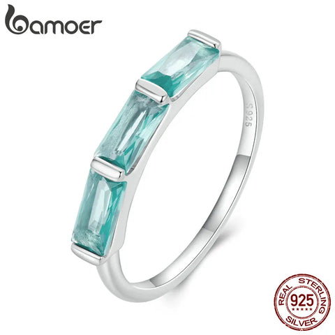 Bamoer 925 Sterling Silver Light Green Square Zircon Finger Ring Simple Fashion Rings for Women Anniversary Birthday Gift BSR329