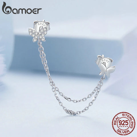 Bamoer 925 Sterling Silver One Piece Butterfly Stud Earrings Long Tassel Earrings for Women Girls Sweet Fine Jewelry Gift