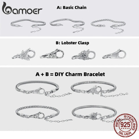 BAMOER Authentic 925 Sterling Silver Snake Charm Chain with 4 Style Lobster Clasp DIY Charm Bracelets BSB148