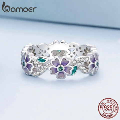Bamoer 925 Sterling Silver Purple Wreath Ring Flower Finger Ring Original Design Fine Jewelry Gift for Women Party BSR492