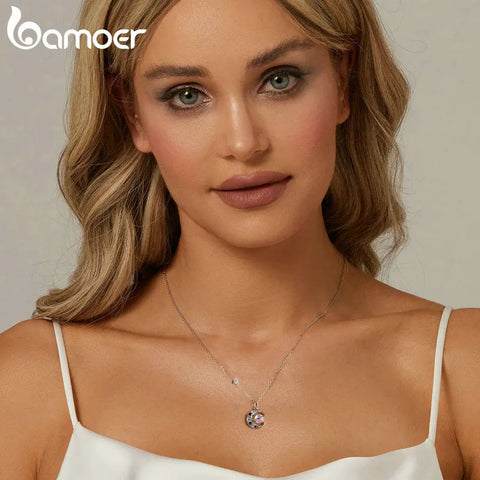 BAMOER Planet Necklace 925 Sterling Silver Star Moon Saturn Universe Space Pendant Birthday Jewelry Gifts for Women Girls