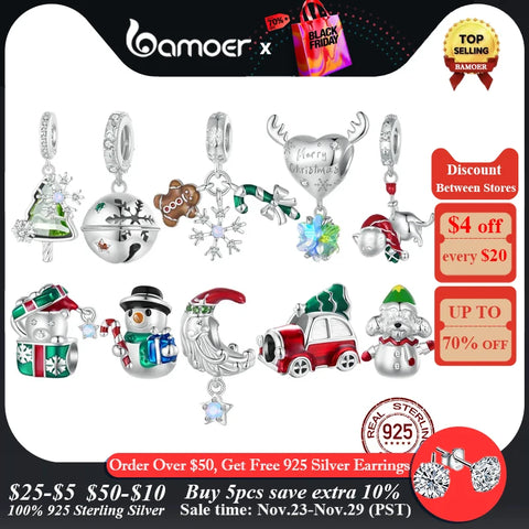 Bamoer 925 Sterling Silver Snowman Beads Christmas Bell Charms for Women Bracelet DIY Accessories Christmas Gift Fine Jewelry