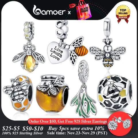 Bamoer 925 Sterling Silver Delicate Bee Series Charm Beads Silver Bumblebee Pendant fit for Silver Bracelet & Bangle DIY Gift