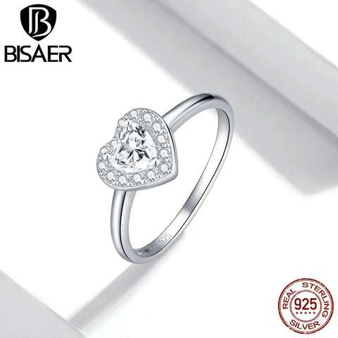 BISAER 925 Sterling Silver Heart Statement Jewelry Sets Clear Shining CZ Promise Ring Necklace Eearrings Women Wedding Luxury