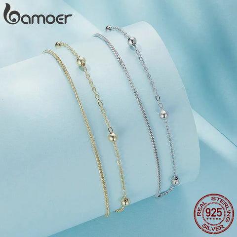 BAMOER 925 Silver Chain Bracelet Double Layers Round Beads Link Chain Bracelets Women 7.48'' Adjustable 14K Gold Plated Jewelry