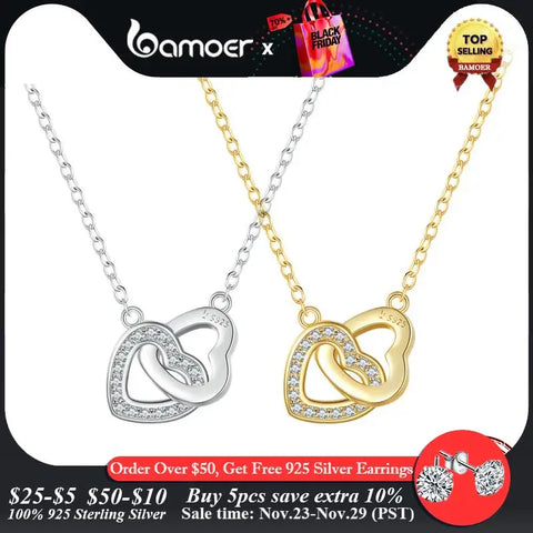 Bamoer 925 Sterling Silver Connected Heart Pendant Necklace for Girlfriend Valentine's Day Gift Fine Jewelry SCN181