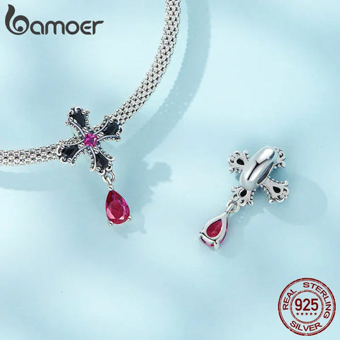 Bamoer 925 Sterling Silver Gothic Cross Charms fit for Women DIY Making Bracelet & Bangle Fine Jewelry Bat Bead Halloween Party
