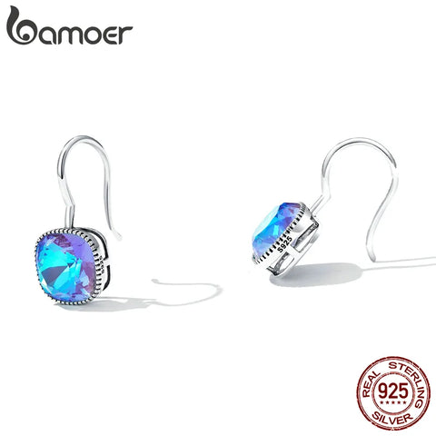 Bamoer Mocha Fluorescent Hook Earrings 925 Sterling Silver Big Purple Stone Hook Earrings for Women Fine Jewerly Engagement Gift
