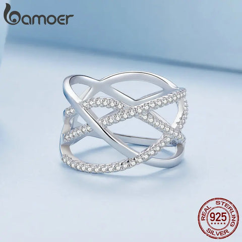 Bamoer 925 Sterling Silver Simple Samsara Finger Ring Geometric Ring for Women Birthday Gift Pave Setting CZ Fine Jewelry BSR396