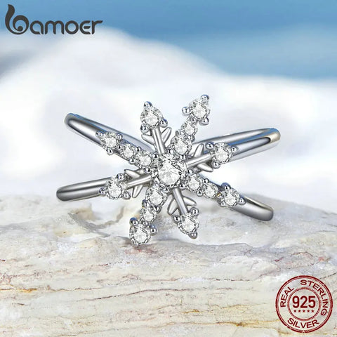 Bamoer 925 Sterling Silver Fantasy Snowflake Opening Ring Geometric Adjustable Ring for Women Party Fine Jewelry