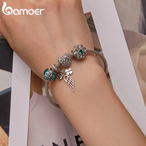 Bamoer 925 Sterling Silver Four-leaf Clover Pendant Charms Heart Shape Lucky Bead for Women Bracelet and Bangle DIY Fine Jewelry