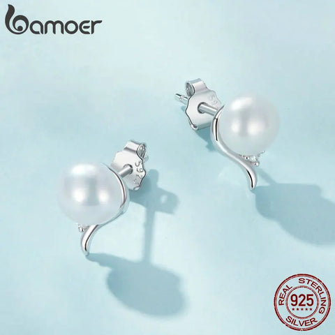 BAMOER 925 Sterling Silver AAA+ Cubic Zirconia Quality Handpicked Freshwater Cultured Stud Button Pearl Earrings