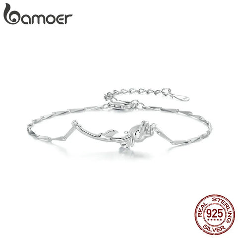 Bamoer 925 Sterling Silver Rose Bracelet Flower Adjustable Chain Link Platinum Plated for Women Valentine's Day Gift BSB146