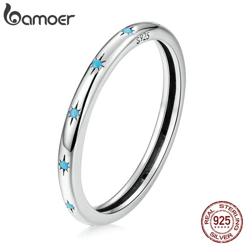 BAMOER Genuine 925 Sterling Silver Star Ring Women Turquoise Ring Sterling Silver Lucky Peace Jewelry Gift