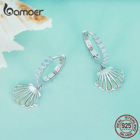 Bamoer 925 Sterling Silver Enamel Process Sea Shell Ear Buckles Pave Setting CZ Hoop Earrings for Women Ocean Series Jewelry