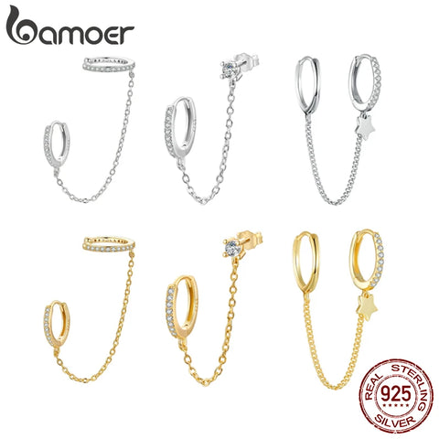 BAMOER 925 Sterling Silver 1 PCS Double Circle Hoop Earrings Long Chain Earrings for Women Statement Jewelry Elegant Earrings