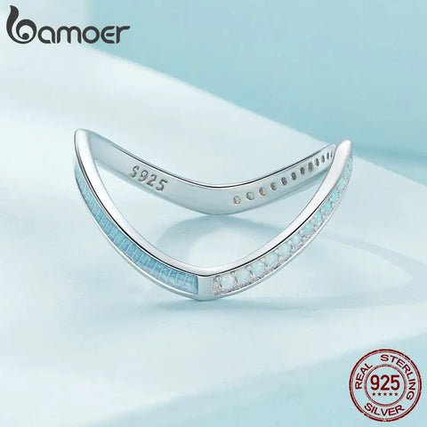 BAMOER Eternity Band V Shaped Double Chevron 925 Sterling Silver Ring, Stacking Engagement Ring for Women