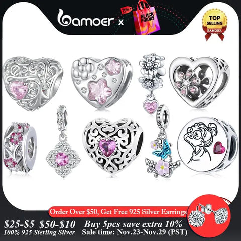 Bamoer 925 Sterling Silver Pink Zircon Love Bead Vine Hollow-out Heart Charm for Women Bracelet and Bangle DIY Jewelry BSC777