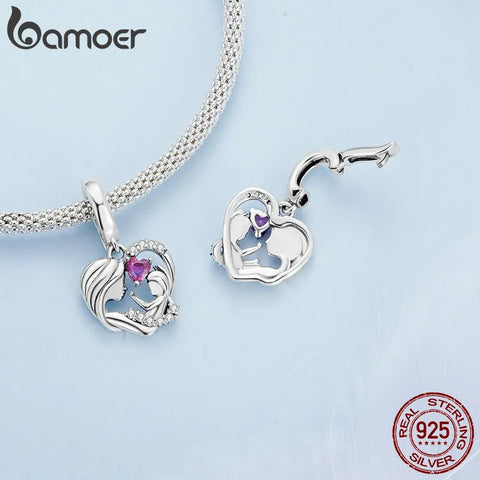 BAMOER 925 Sterling Silver Family Charms for Charms Bracelet, Mother and Child Embrace Pendant DIY Bracelet Accessories