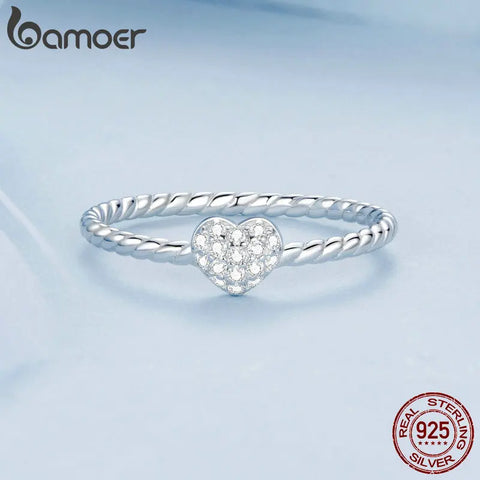 BAMOER 925 Sterling Silver Sparkling Heart Ring Braided Texture Twisted Ring for Women Anniversary Statement Jewelry
