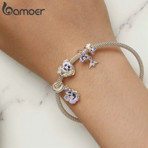 Bamoer 925 Sterling Silver Pansy Pendant Charms Heart Flower Beads for Women Bracelet and Necklace DIY Fine Jewelry