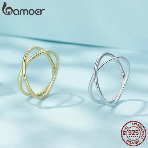 BAMOER 14K Gold Plated X Ring Dainty Minimalist 925 Sterling Silver Cross Ring for Women Promise Jewelry SCR543