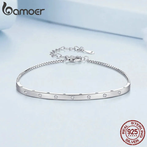 Bamoer 925 Sterling Silver Platinum Plated Adjustable Bracelet Pave Setting CZ Bangle for Women Birthday Anniversary Gift BSB145