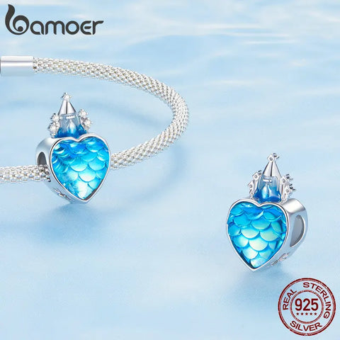 Bamoer 925 Sterling Silver Blue Castle Bead Fish Scale Pattern Charms for Women Bracelet Bangle DIY Birthday Gift Jewelry BSC720