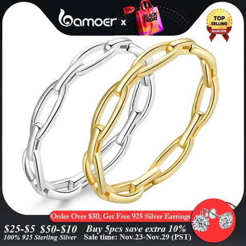 bamoer 925 Sterling Silver Bohemian Style Geometric Chain Ring for Women Simple Design Ring Statement Jewelry Party Gift