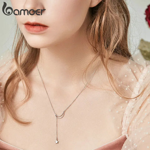 Bamoer 925 Sterling Silver Minimalist Moon and Star Pendant Necklace for Women Engagement Birthday Gift Fine Jewelry SCN108