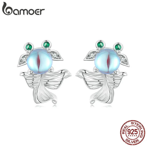 BAMOER 925 Sterling Silver Blue Moonstone Stud Earrings Mudskipper Fish Earings for Women Birthday Cute Fine Jewelry Gift