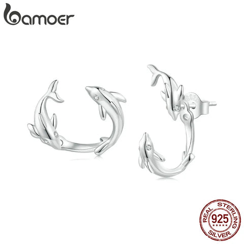Bamoer 925 Sterling Silver Dolphin Stud Earrings Detachable Earrings for Women Party Platinum Plated Fine Jewelry BSE922