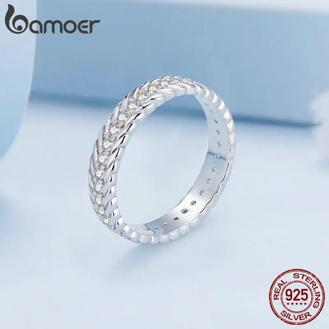 Bamoer 925 Sterling Silver Simple Twisted Ring Eternity Band Pave Setting CZ for Women Engagement Anniversary Gift Fine Jewelry