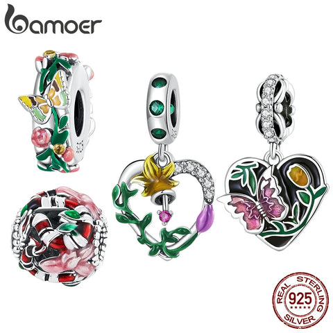 Bamoer 925 Sterling Silver Butterfly & Flower Sapcer Beads fit for Women Bracelet & Bangle Spring Collection Charms Fine Jewelry