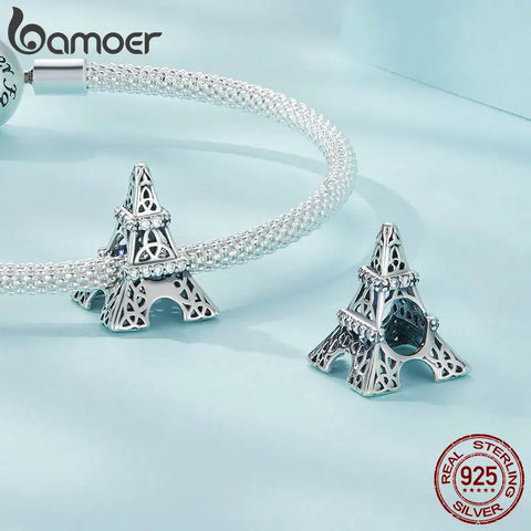 Bamoer 925 Sterling Silver Eiffel Tower Beads Landmark Building Charms for Women Bracelet DIY Pave Setting CZ Fine Jewelry