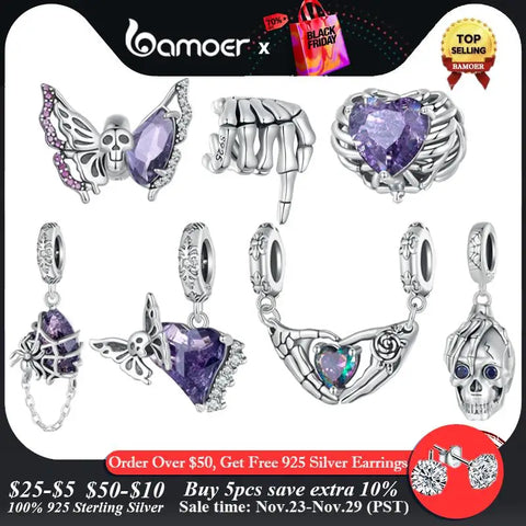 Bamoer 925 Sterling Silver Halloween Series Skeleton Beads Butterfly Skull Charms for Women Bracelet & Bangle DIY Fine Jewelry