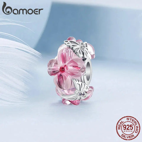 BAMOER Murano Glass 925 Sterling Silver Charms Flower Butterfly Pink Bead for Women Bracelet&Necklace Jewelry Gifts