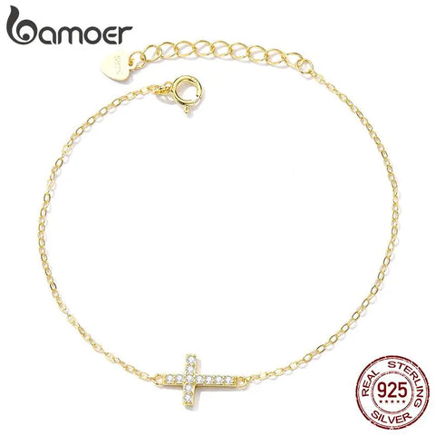 Bamoer Genuine 925 Sterling Silver Adjustable Cross Bracelet 6.10+0.98 inch 14K Gold Plated Chain Link Luxury Jewelry Women Gift