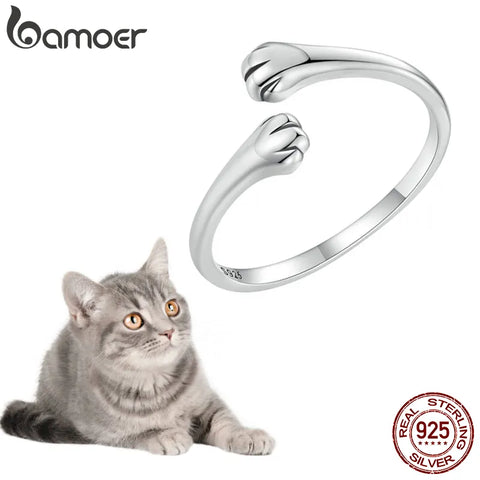 BAMOER 925 Sterling Silver Cute Cat Paw Ring, Adjustable Cat Hug Ring Fashion Jewelry for Pet Lover Chic Gift SCR961