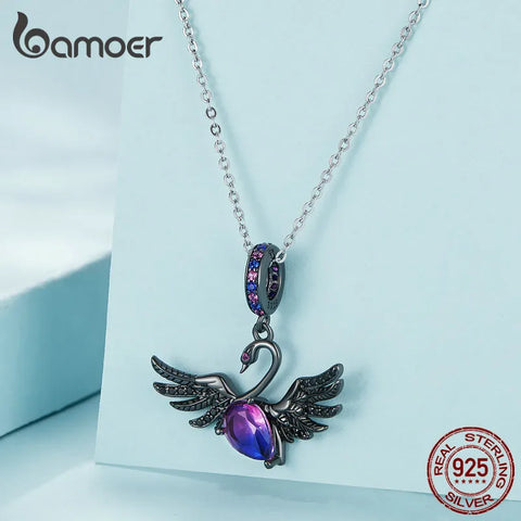 Bamoer 925 Sterling Silver Black Swan Hanging Bead Plated Black Gold Pendant Charms for Women Bracelet and Necklace DIY Jewelry