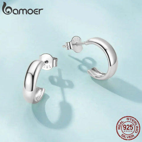 BAMOER 925 Sterling Silver Thick Huggie Earrings - Small Round Hoop Earrings in White Gold and White Gold Color SCE1669