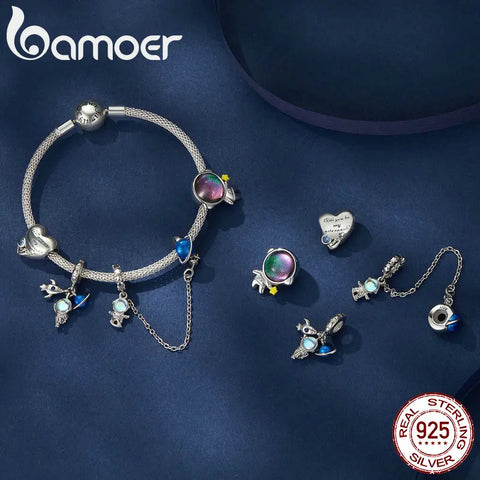 Bamoer 925 Sterling Silver Astronaut Hanging Bead Heart-shapped Charms for Women Bracelet and Necklace DIY Fine Jewelry