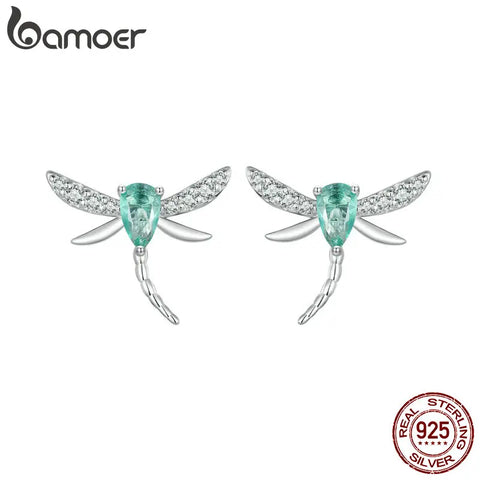 BAMOER Hypoallergenic Platinum Plated Dragonfly Stud Earrings 925 Sterling Silver Dainty Insect Earrings for Women