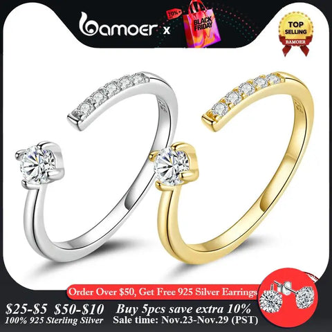 BAMOER Simple 925 Sterling Silver Clear Zircon Band for Women Stackable Jewelry Adjustable Ring