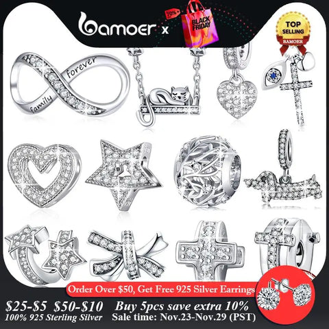 BAMOER 925 Sterling Silver Clear 5A Crystal Collection Family Heart Cross Charm Beads fit for Charm Bracelet & Necklace Pendant